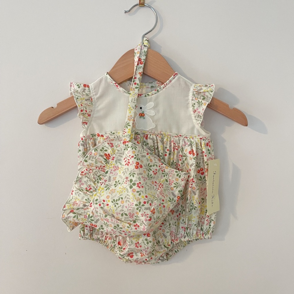 FANTAISIE NWT Girls Floral Embroidered Bunny Heirloom Easter Bubble & Bonnet